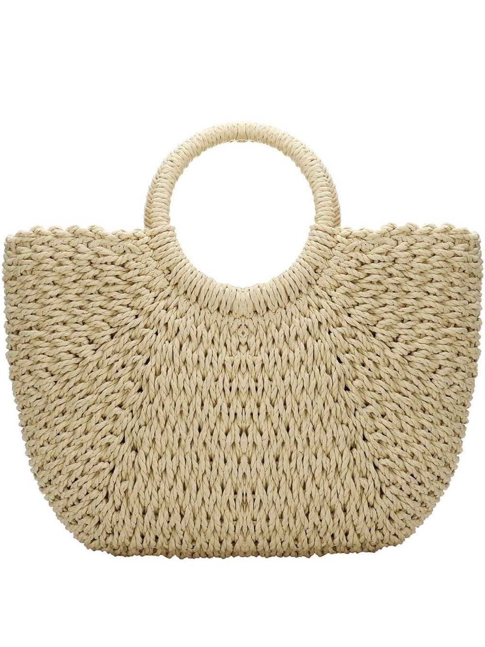 Handwoven Round-Handle Straw Tote in Natural Beige
